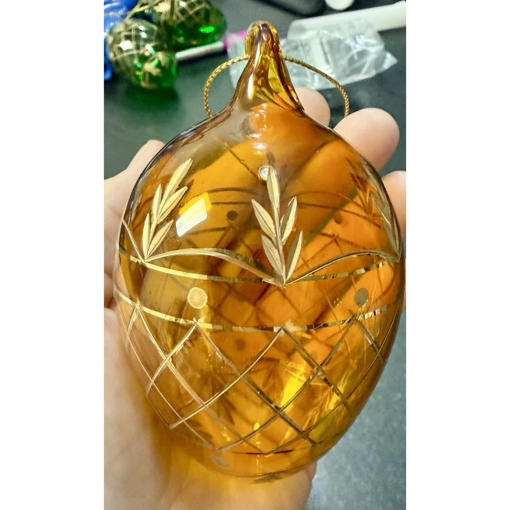 Vintage Hand Painted Blown Glass Christmas Ornaments Gold Lattice Lot of 3 Mint